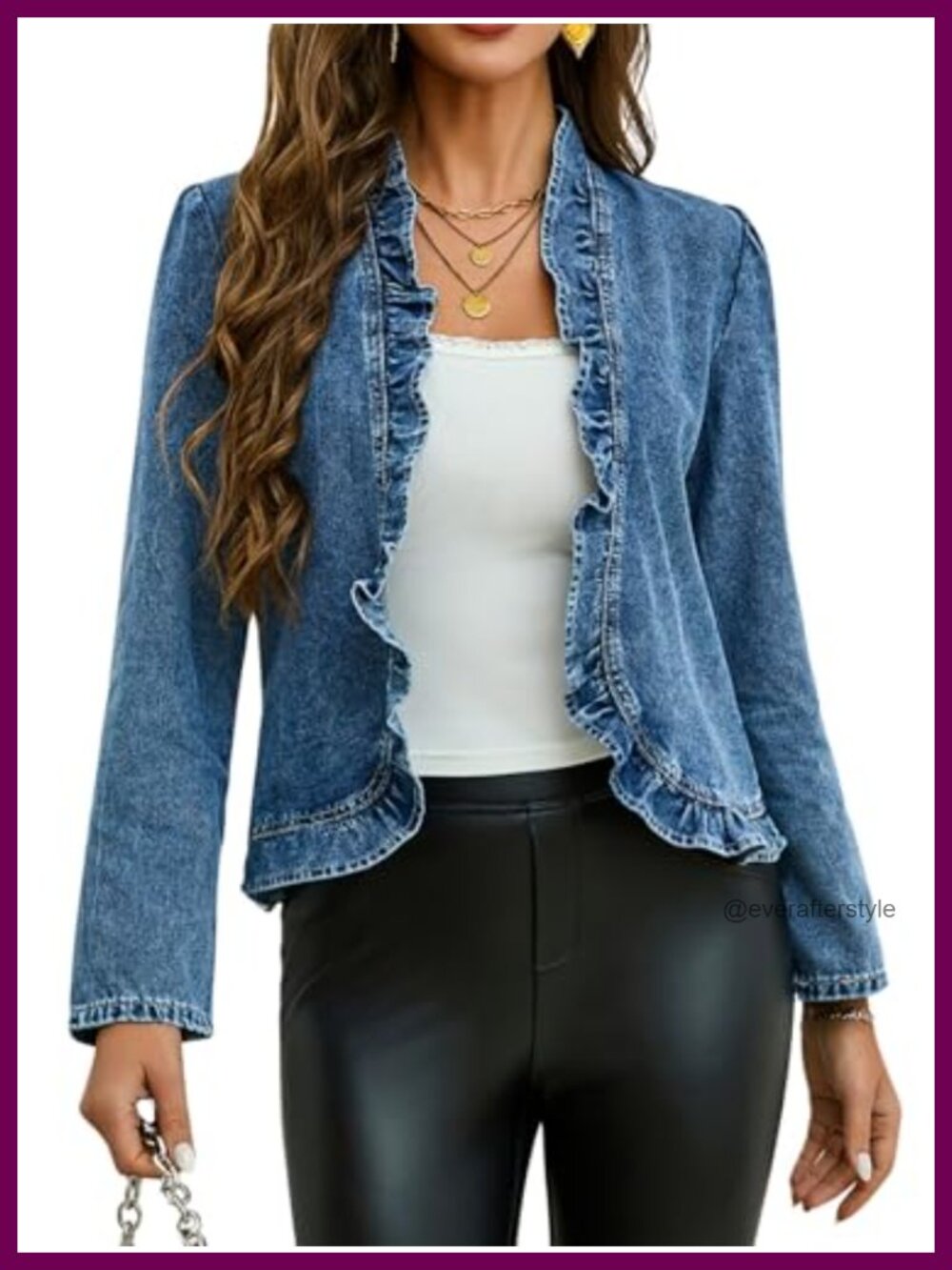 Ruffled Cropped Denim Jacket Long Sleeve Open Front Casual Jean Coat